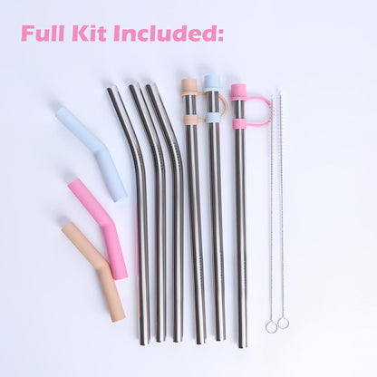 Jetstop 6 Straws with Cover for Stanley Tumbler, Reusable Stainless Steel Straws with Silicone Stoppers, Perfect for Stanley 40 oz Accessories (12 Inch 3 Straight and 3 Bent Straws Fit 40 oz)