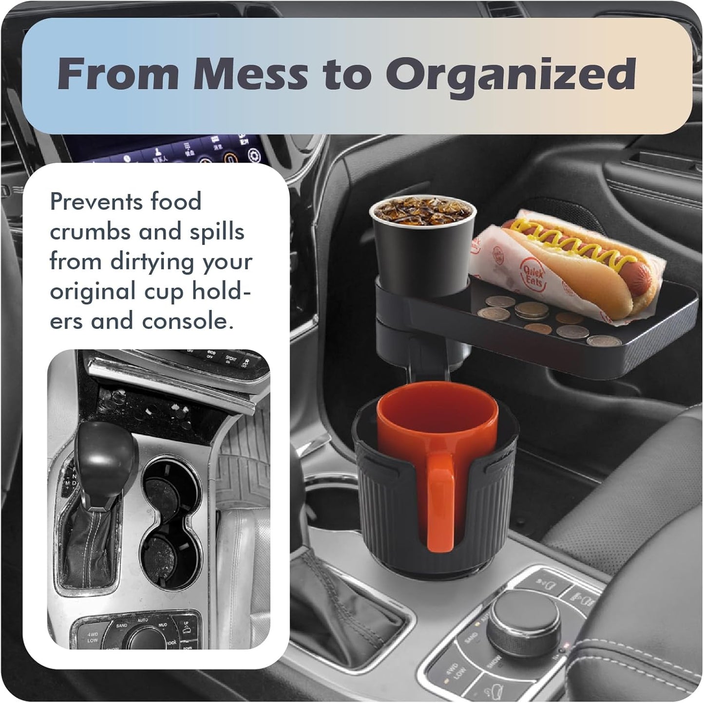 OtterVerz 11 Upgraded Car Cup Holder Tray, 3 in 1 Car Cup Holder Expander Adapter, 360° Rotating Detachable 10.5" Car Food Tray Table for Eating, Road Trip Essentials, Fits Yeti/Hydro Flask 16–46oz