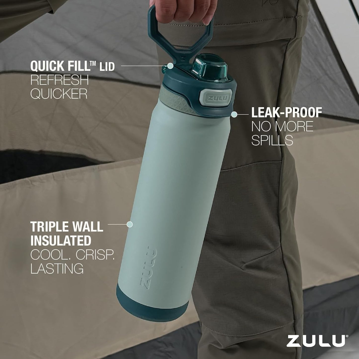 ZULU Powerfill Pro 32oz Stainless Steel Water Bottle with Quick Fill Lid, Triple Walled Vacuum Insulated Metal, Leak Proof Locking Lid, Sip and Chug, Reusable BPA Free, High Tide