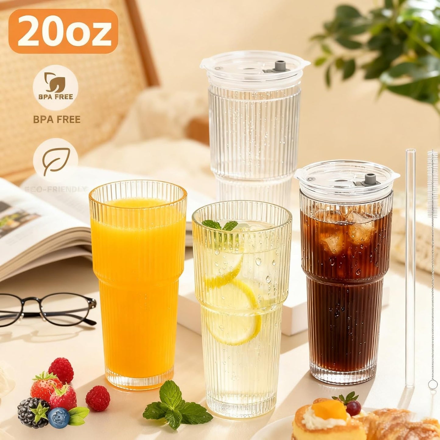20 OZ Iced Coffee Cup With Glass Lids and Straws,High Borosilicate Glass Tumbler Cup Reusable Wide Mouth Smoothie Cups(Clear,1cup)…