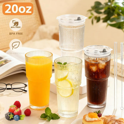 20 OZ Iced Coffee Cup With Glass Lids and Straws,High Borosilicate Glass Tumbler Cup Reusable Wide Mouth Smoothie Cups(Clear,1cup)…