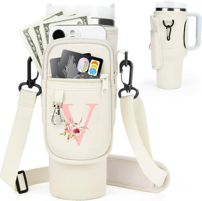 Initial Water Bottle Holder with Strap for Stanley Cup Accessories 40 oz/Simple Modern Tumbler, Birthdays for Women Girls, Water Bottle Carrier Bag with Phone Pocket,Hiking Walking Gym Camping