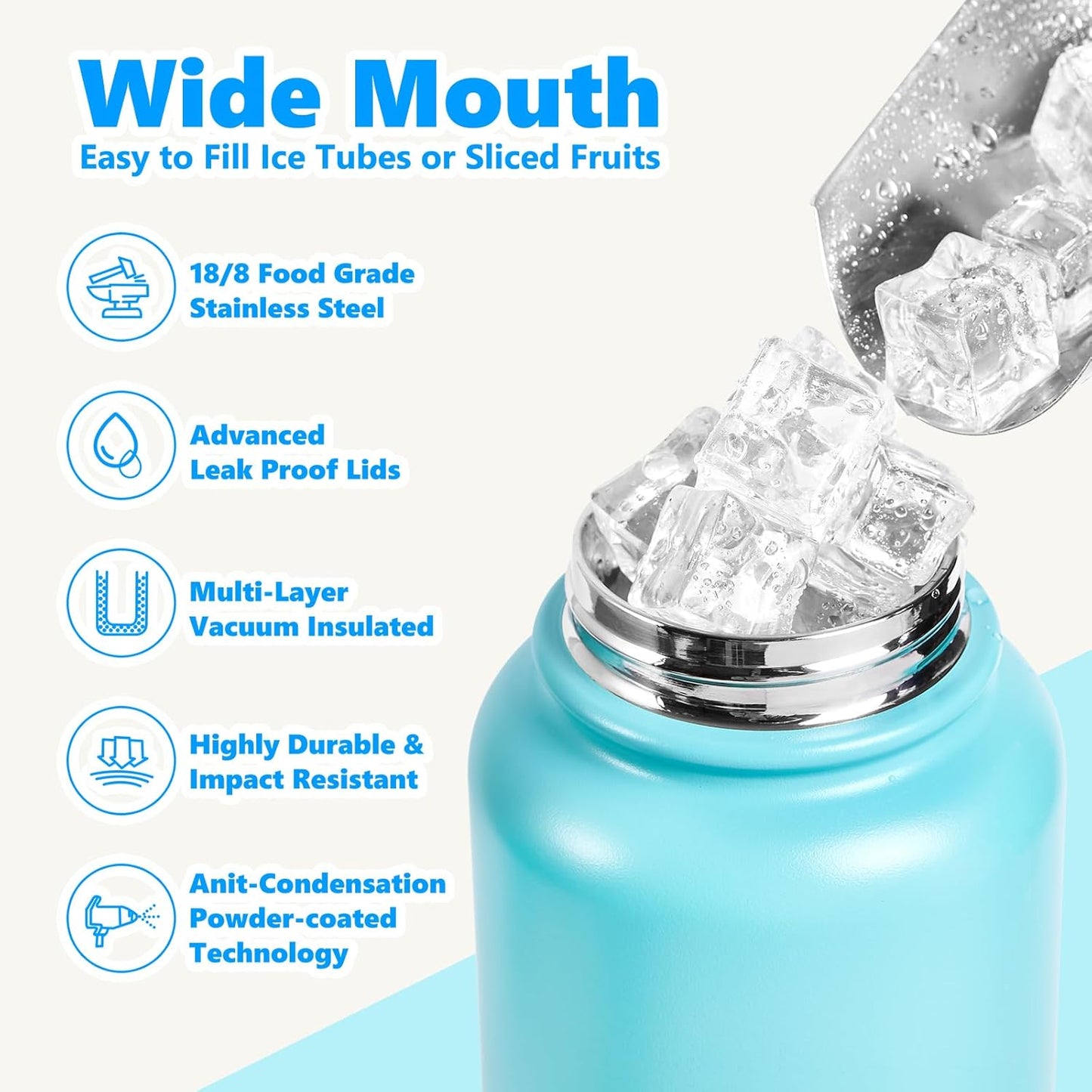 Insulated Water Bottle with Lid & Boot & Stickers, 24 oz Stainless Steel Sweat Free Bottle Keep Cold 24H, BPA-Free Sports Wide Mouth Water Bottle, BlueBlack