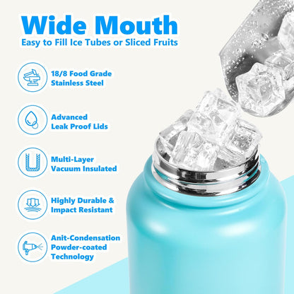 Insulated Water Bottle with Lid & Boot & Stickers, 24 oz Stainless Steel Sweat Free Bottle Keep Cold 24H, BPA-Free Sports Wide Mouth Water Bottle, BlueBlack