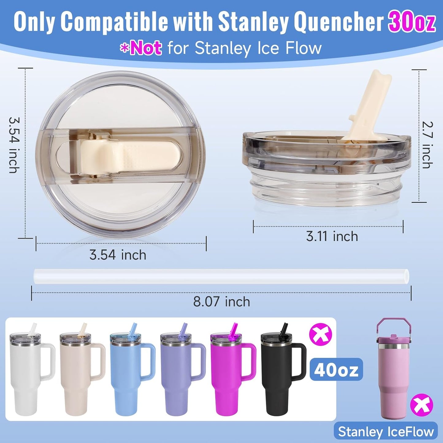 30oz Flip Straw Lid for Stanley Quencher H2.0 Tumbler, 2 Pack Leak Proof Lid Replacement No Spill Cover for Stanley Cup Accessories ProTour (Rose Quartz,Rose Quartz) - Colors A