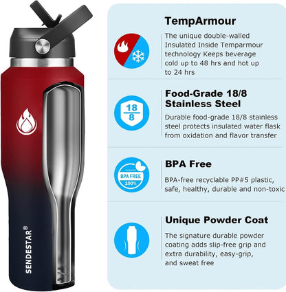 SENDESTAR 40oz Water Bottle Wide Mouth Stainless Steel Vacuum Insulated Double Wall with Straw Lids Fit in Any Car Cup Holder