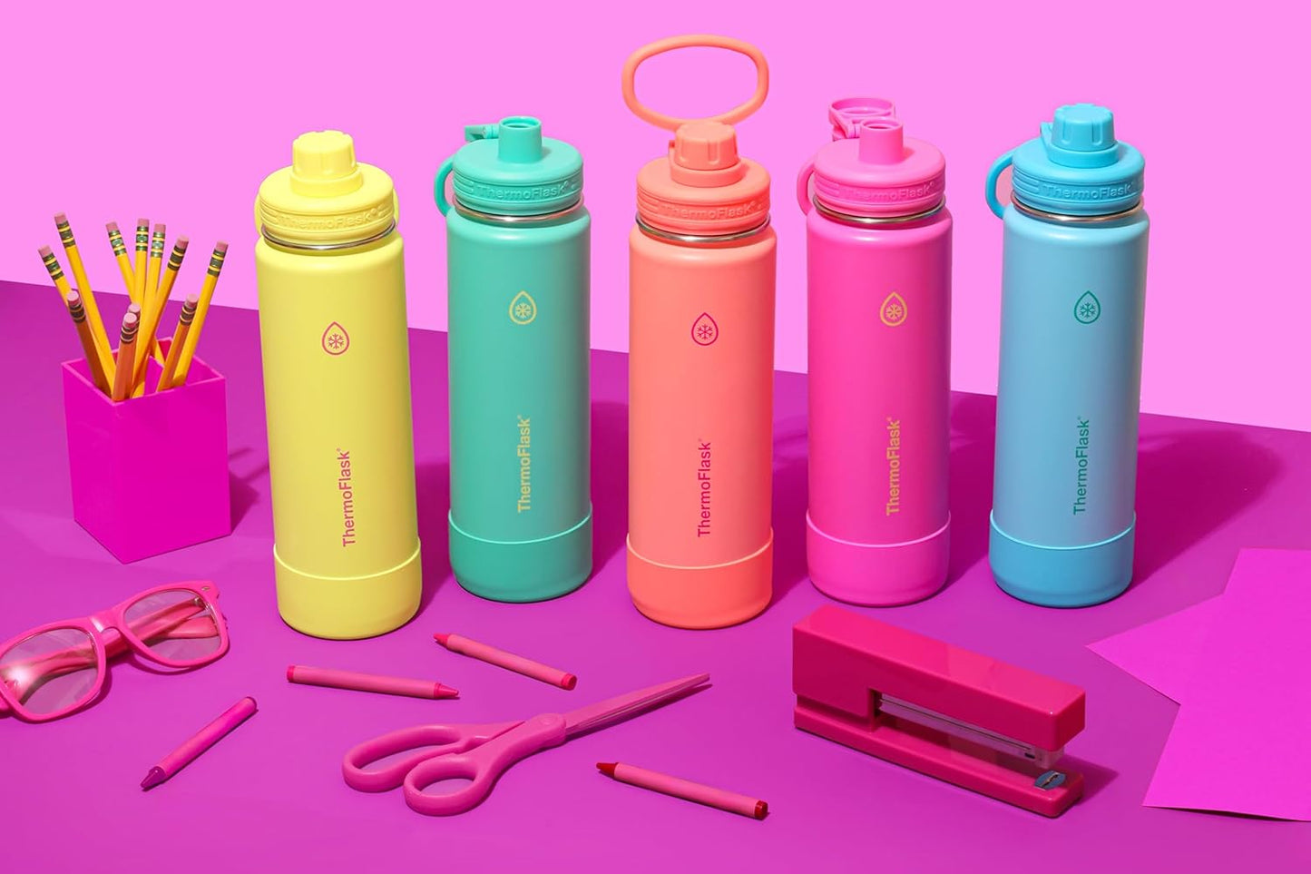 ThermoFlask Insulated Water Bottle with Spout Lid (24 oz, Lemonade Stand) - Leakproof, Stainless Steel Water Bottle for Cold & Hot Drinks, Travel & Daily Hydration