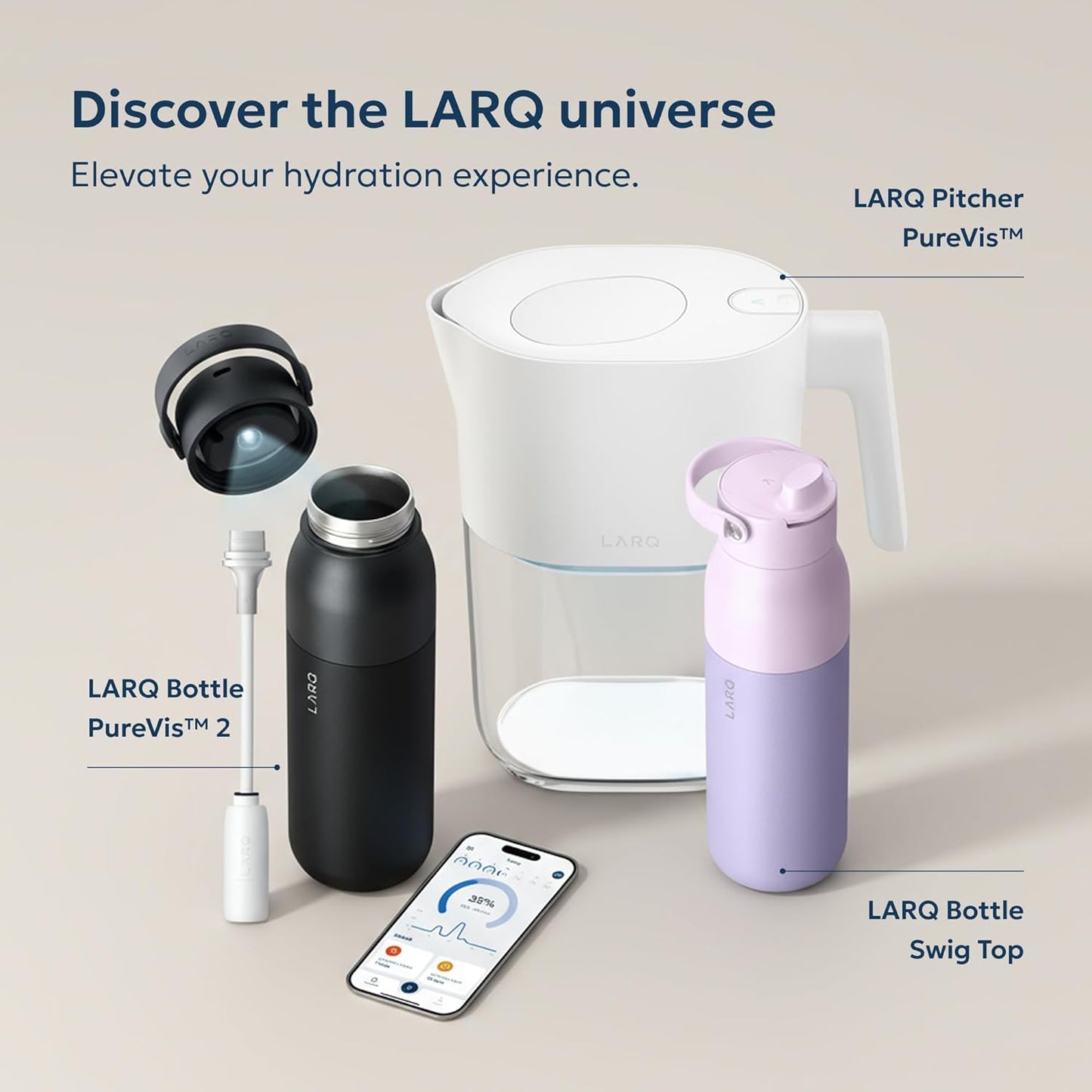 LARQ Swig Top — Insulated Stainless Steel Water Bottle with Straw, Detachable Silicone Handle, Vacuum 24h Cold, BPA-Free Metal Bottle for Gym, Travel, Office, Wide Mouth for Ice — 23 oz, Mojave Dune