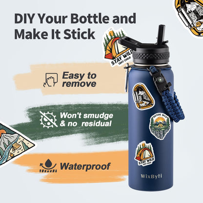WixByti 40 oz Insulated Water Bottle with Straw (Cold for 36 Hrs), Stainless Steel Triple Wall Vacuum Sports Water Jug, Leakproof Hydro Cup Flask with Paracord Handle & Straw Spout Lids & DIY Stickers