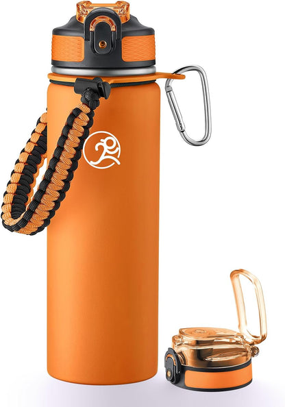 GOSWAG Insulated Sports Water Bottle, 24oz 2 Lids(with Straw/No Straw), Stainless Steel Water Bottles with Paracord Handle, Insulated Bottle with Double-Wall Vacuum Insulation