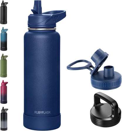 RUBYFLASK 32oz Insulated Water Bottle with Straw, Stainless Steel Metal Vacuum Water Flask, Large Thermal Water bottle with Leakproof 3 Lids for Travel, Camping, Gym Sports Indigo Black