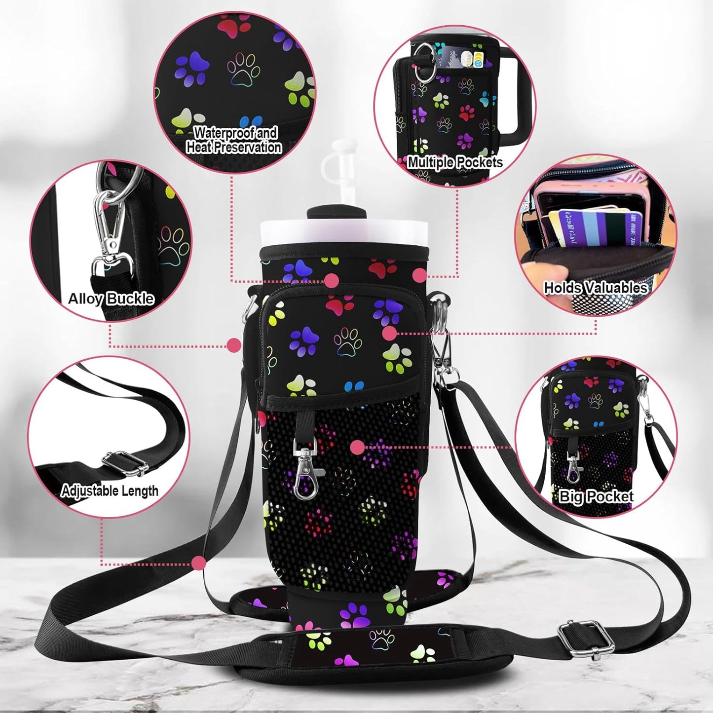 Stanley Carrier Bag for Stanley 40oz/30ozTumbler with Phone with 2 Adjustable Strap,3 Pockets Bottle Stanley Cup Carrier Bag & Case,Accessories for Hiking Travelling