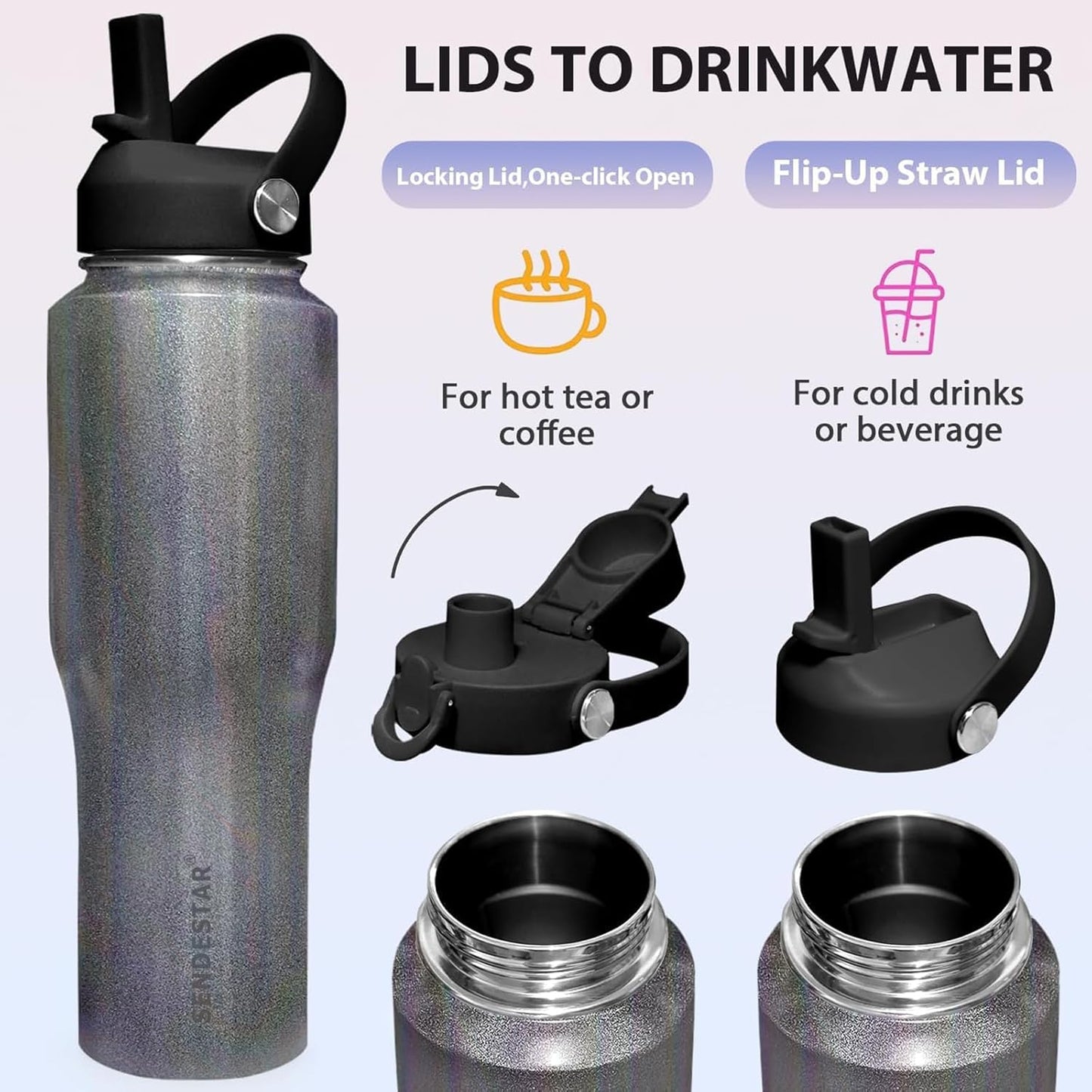 SENDESTAR 40oz Water Bottle Wide Mouth Stainless Steel Vacuum Insulated Double Wall with Straw Lids Fit in Any Car Cup Holder
