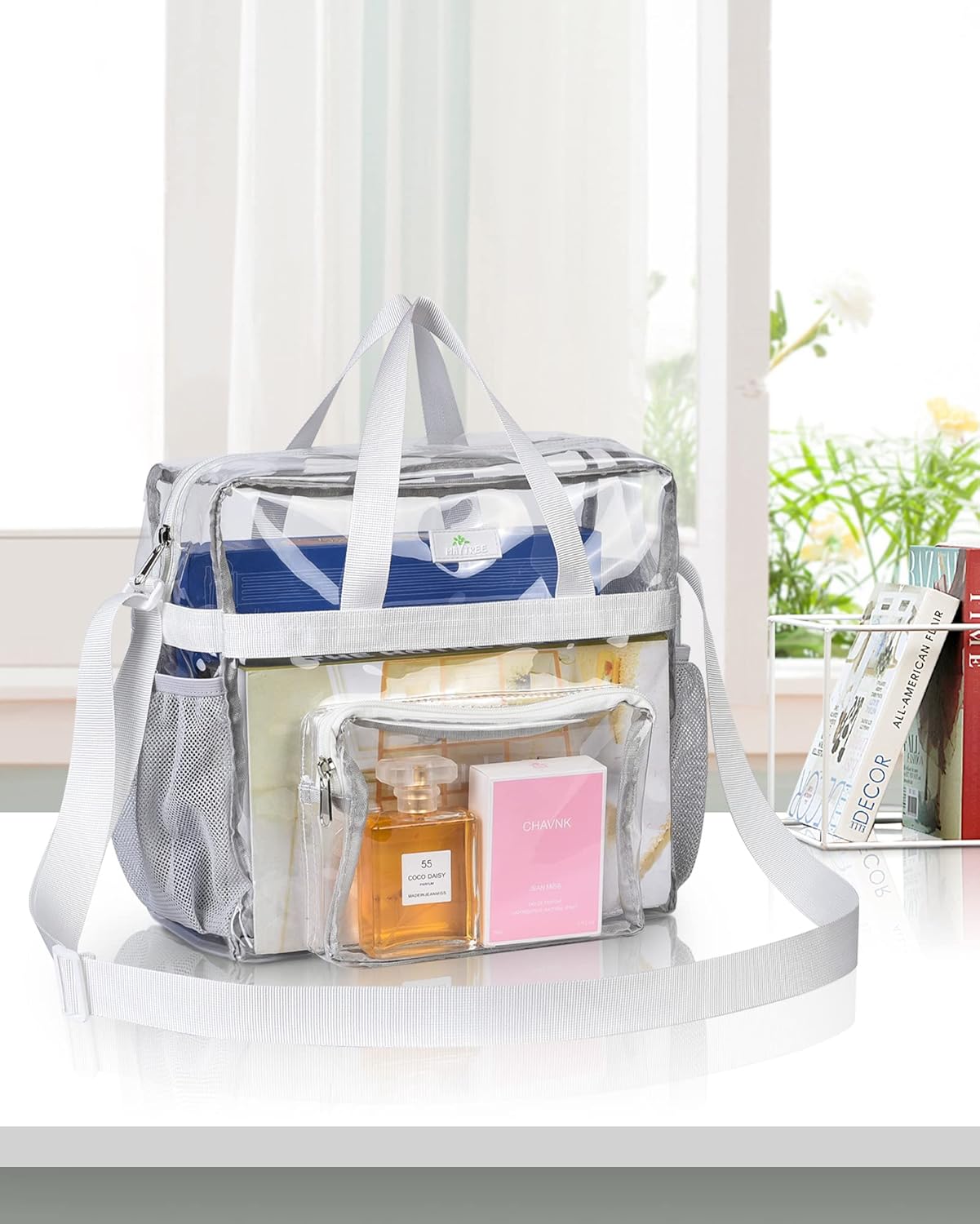 MAY TREE Clear Bag for Stadium Events, 12×5.5×12 Clear Tote Lunch Bag with Non-detachable Reinforced Straps for Work, Sporting Events and Gym, Black