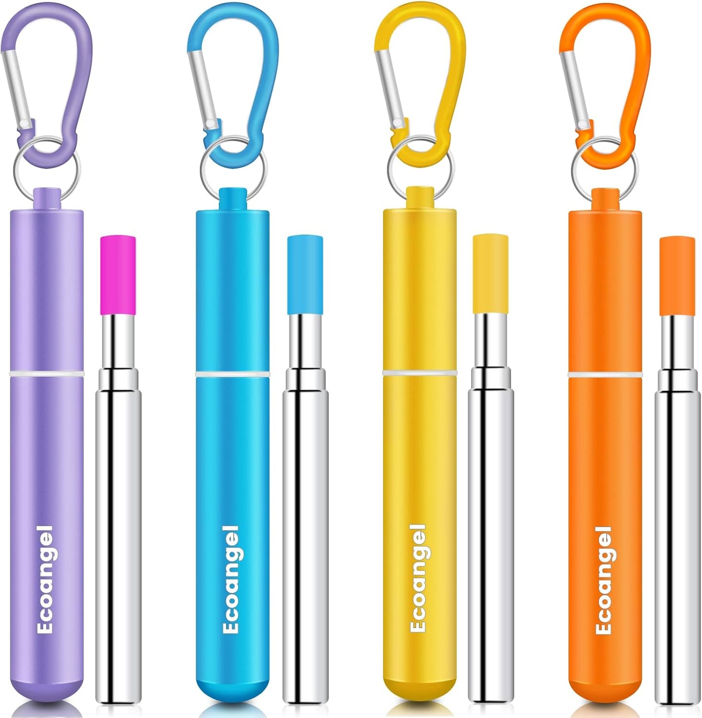 Ecoangel Cruise Ship Essentials,4-Pack reusable Collapsible Stainless Steel Drinking Straws with Aluminum Case,Cleaning Brush,and Keychains-Silver,Blue,Red,Green
