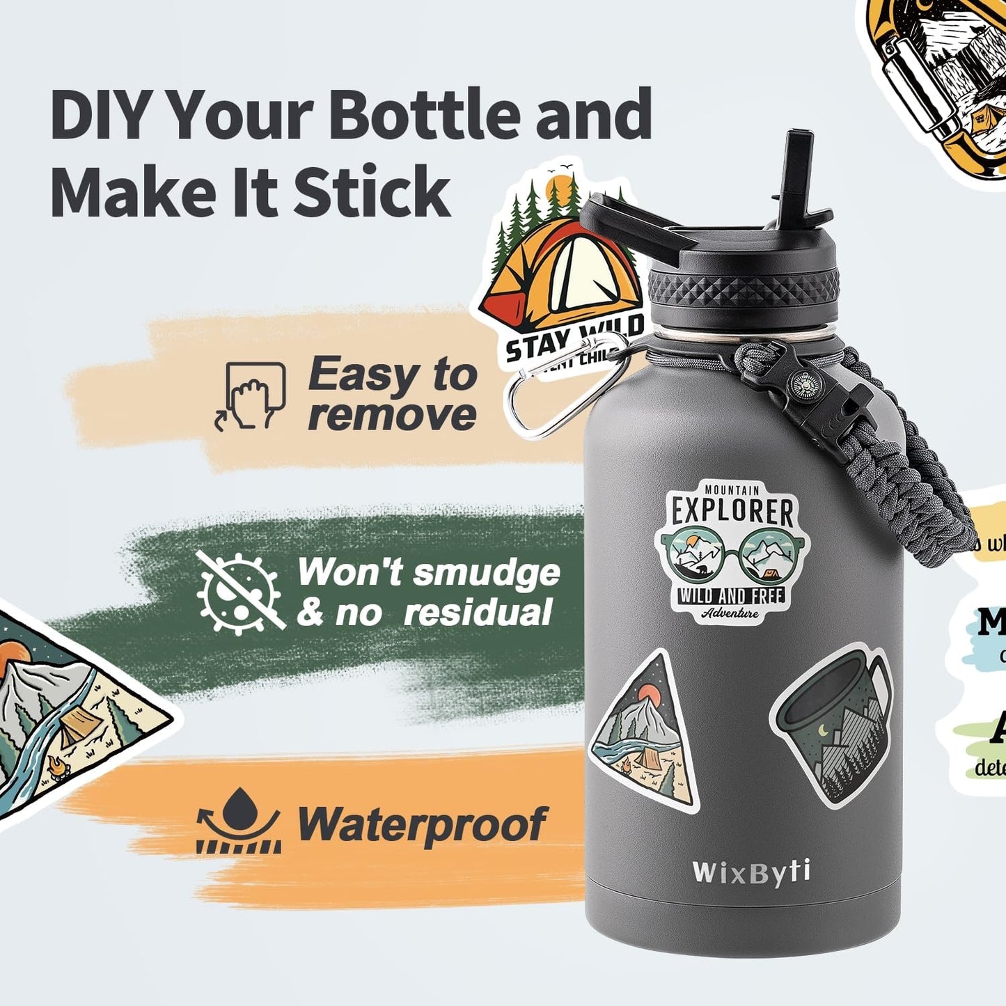 WixByti 40 oz Insulated Water Bottle with Straw (Cold for 36 Hrs), Stainless Steel Triple Wall Vacuum Sports Water Jug, Leakproof Hydro Cup Flask with Paracord Handle & Straw Spout Lids & DIY Stickers