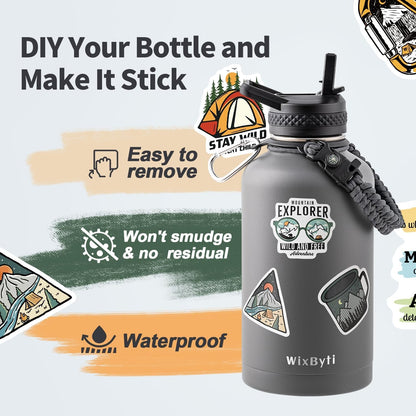 WixByti 40 oz Insulated Water Bottle with Straw (Cold for 36 Hrs), Stainless Steel Triple Wall Vacuum Sports Water Jug, Leakproof Hydro Cup Flask with Paracord Handle & Straw Spout Lids & DIY Stickers
