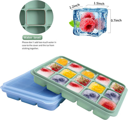 Ice Cube Trays Set of 2, Easy Release 15 Flexible Silicone Ice Cube Molds with Removable Lid Reusable Freezer Ice Trays Stackable for Whiskey, Baby Food, BPA Free (BAMBOO GREEN)