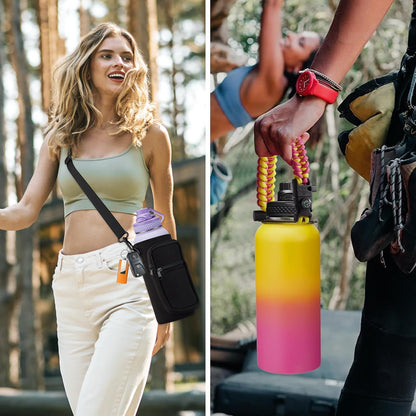 32/40/64OZ Insulated Water Bottle - Keep Cold 48H Hot 24H, Combo Straw/Spout Lids, Paracord Handle for Gym/Hiking, Carrier Bag +Strap, Cup Mat, BPA-Free Stainless Steel Flask Jug