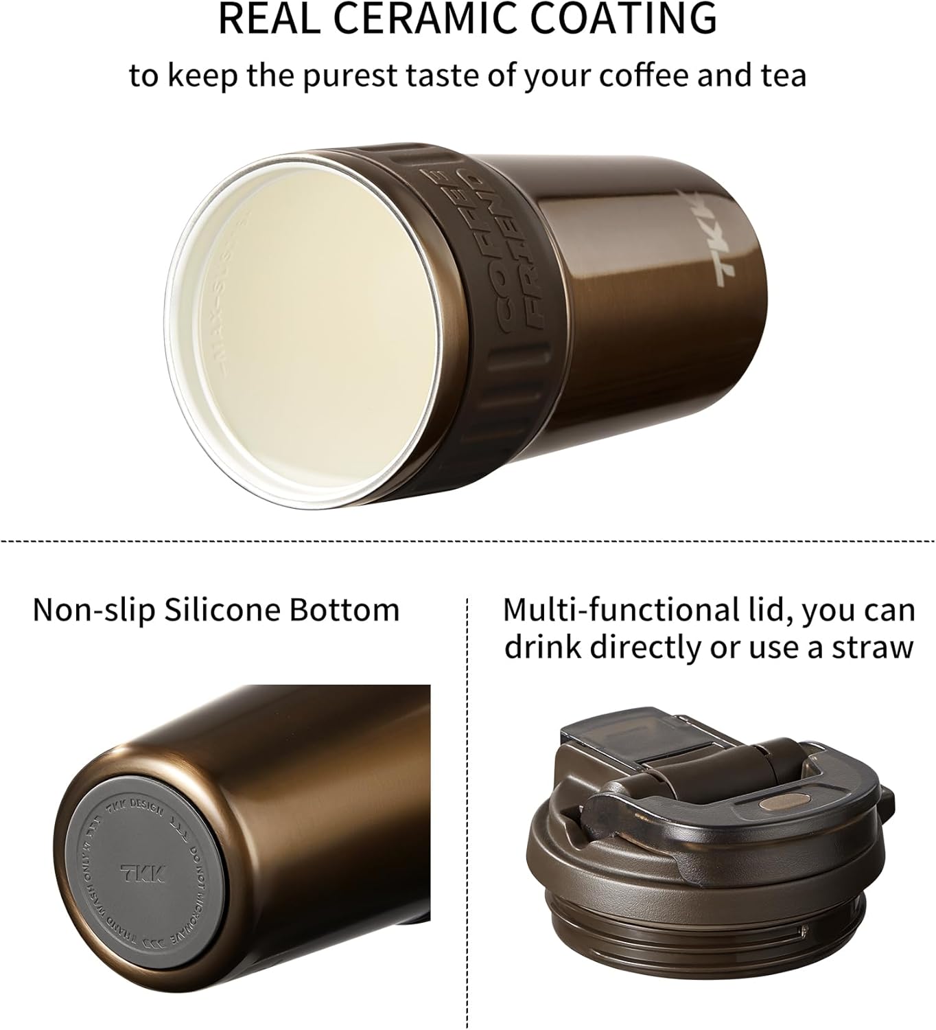 TKK Insulated Coffee Mug with Ceramic Coating, 21oz Iced Coffee Tumbler Cup with Straw Lid Double Wall Vacuum Leak Proof Travel Mug with Strap for Hot and Iced Beverage, Tungsten Steel
