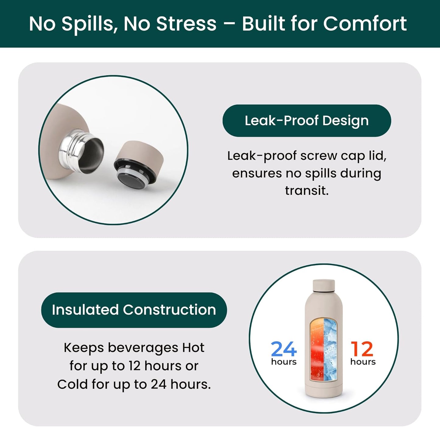 NOBL Stainless Steel Water Bottle,17 oz, 500 ml, Double Wall Vacuum Insulation, Sealed Bottle Keeps Drinks Cold 24 Hrs & Hot 12 Hrs, Leak Proof, Fits Noble Carry-On Cup Holder - Sand