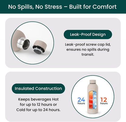 NOBL Stainless Steel Water Bottle,17 oz, 500 ml, Double Wall Vacuum Insulation, Sealed Bottle Keeps Drinks Cold 24 Hrs & Hot 12 Hrs, Leak Proof, Fits Noble Carry-On Cup Holder - Sand