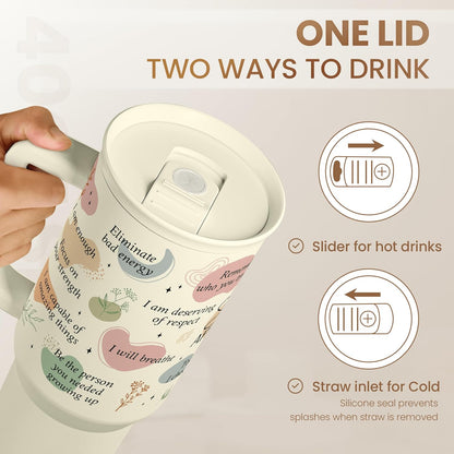 Floral Tumbler with Handle 40oz, Stainless Steel Insulated Tumblers Coffee Travel Mug Cup with Straw, Flower Coffee Cup Gifts for Women Girls, Gift for Her on Christmas Birthday Mothers Day