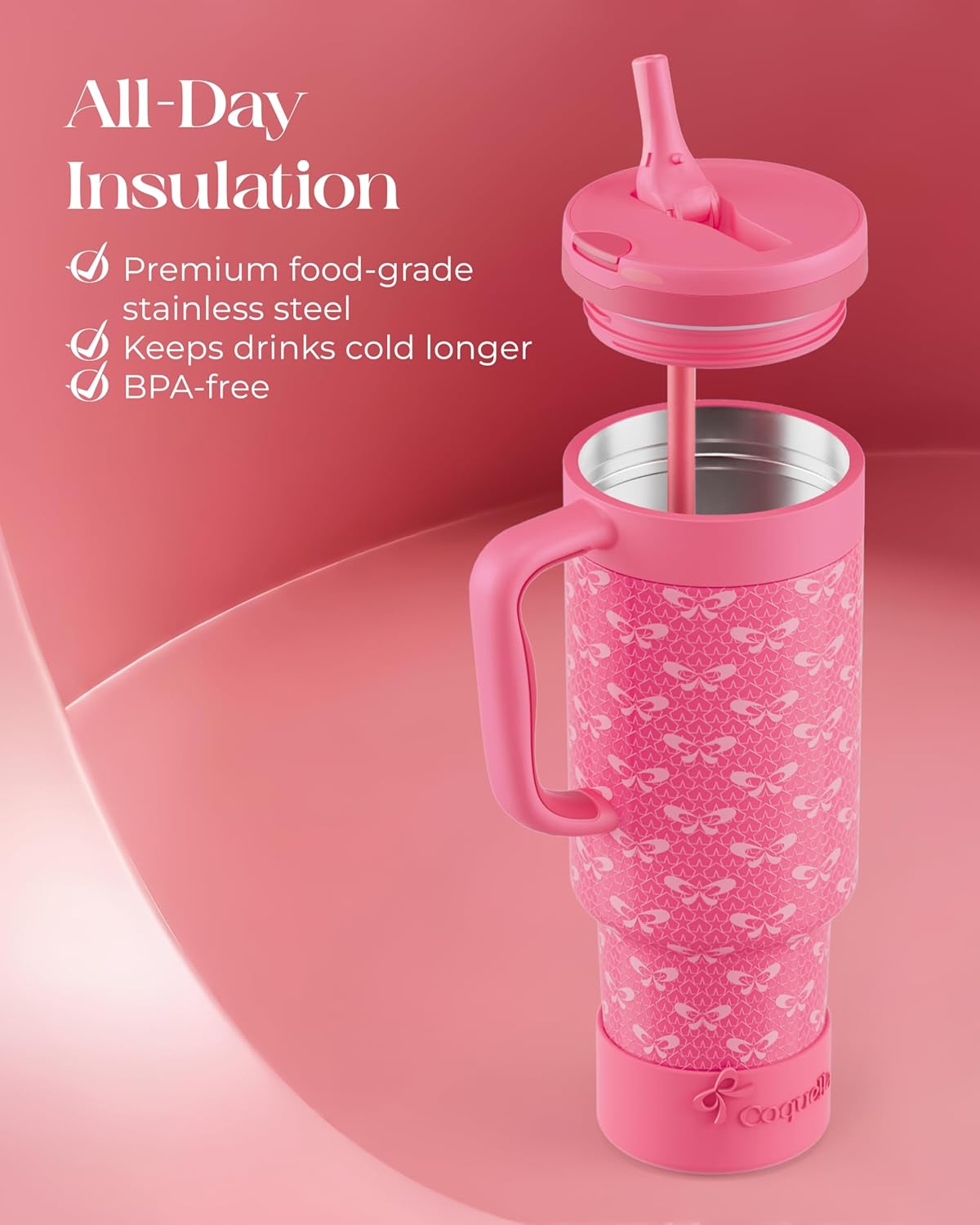 40 oz Insulated Tumbler with Handle and Push-Button Straw Lid, Stainless Steel Travel Cup for Gym Office, Leakproof, BPA-Free, Cup Holder Friendly, Bow Silicone Boot, Purple (Light Lilac)