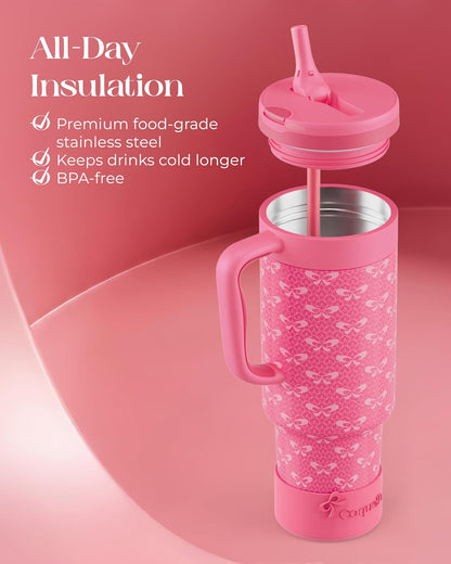 40 oz Insulated Tumbler with Handle and Push-Button Straw Lid, Stainless Steel Travel Cup for Gym Office, Leakproof, BPA-Free, Cup Holder Friendly, Bow Silicone Boot, Purple (Light Lilac)