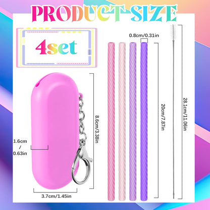 Meanplan 4 Sets Cruise Ship Essentials,4 Set Silicone Straws with Case Reusable Silicone Portable Drinking Straw Set for Party Travel Cold or Hot with 4 Carry Case, 4 Cleaning Brushes (Classic Color)