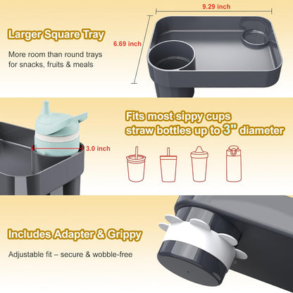Car Seat Snack Tray for Toddlers - 3 Inch Cup Holder Fits Most Sippy Cups & Straw Bottles with Dip Well, Mess-Free Square Kids Travel Tray Road Trip Essentials, Black