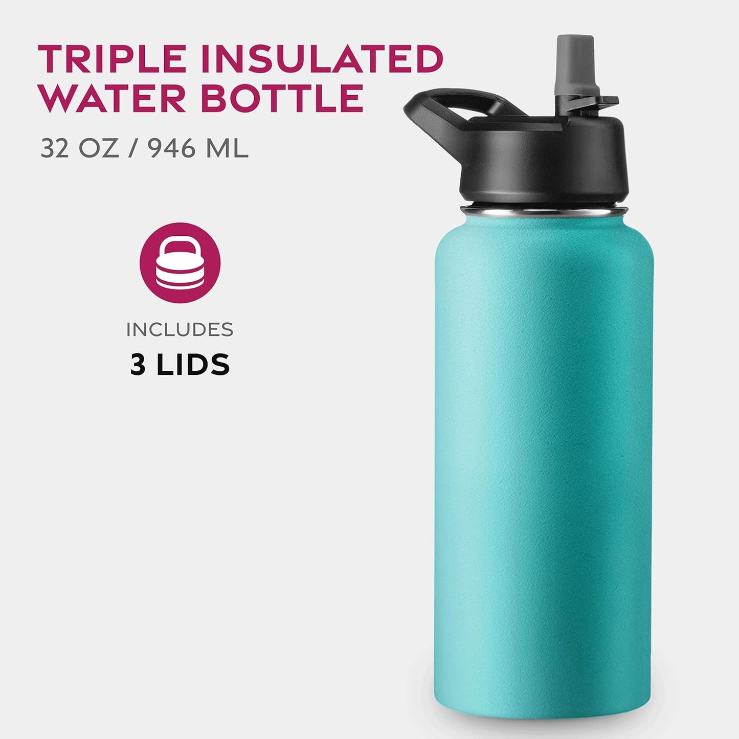FineDine Water Bottle - Stainless Steel Insulated Water Bottle with Straw Lid, Flip Lid & Wide-Mouth Cap - Keeps Hot and Cold - 25 Oz / 739ml - Dreamy Purple