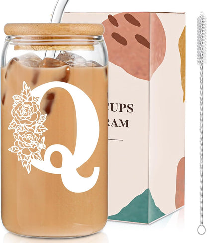 Glass Cups with Lids and Straws: Personalized Initial Glass Cup Be Used As Reusable Iced Coffee Cups with Lids,Cute Matcha Tumbler - The Christmas/Birthday Gifts for Women - M Smoothie Cup