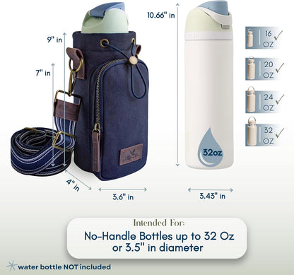 Water Bottle Holder with Strap & Pocket – Crossbody Water Bottle Carrier - Fits 16 to 32 oz Bottles