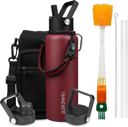 Insulated Water Bottle 40oz,Triple Wall Vacuum Stainless Steel(Dishwasher Safe),Leak Proof & Non-BPA,Flask Jug with Paracord Handle & Straw Spout Lids Sports Cherry Blossom