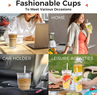 Reusable Plastic Boba Cup With Lids And Straws, 24Oz/700ml Smoothie Cups, Iced Coffee Cup, Leakproof Kawaii Cup, Boba Tumbler With Boba Reusable Straw,Double Wall Clear Bubble Tea Cup