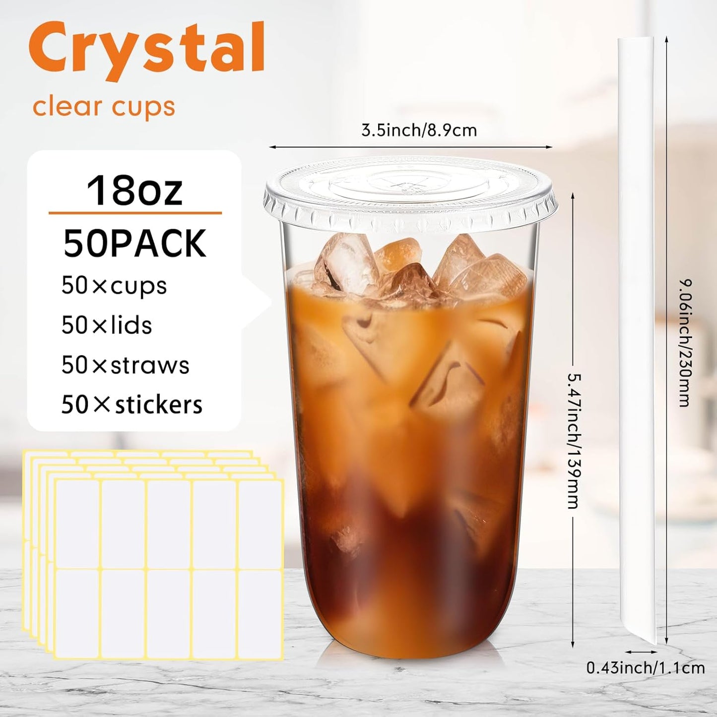 Ziliny 50 Sets Crystal Clear Plastic Cups with Lids, Straws and Stickers, Disposable Iced Coffee Cups Thickened PET for Iced Coffee, Bubble BobaTea, Smoothie, Cold Drinks, Juice, Shops (12 oz)