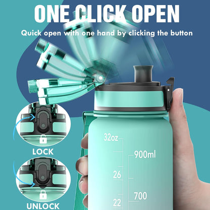 OLDLEY Water Bottle, 32oz Motivational Sports Water Bottle with Time Marker - Times to Drink - Tritan, BPA Free, Wide Mouth Leakproof, Clear (1 Bottle)
