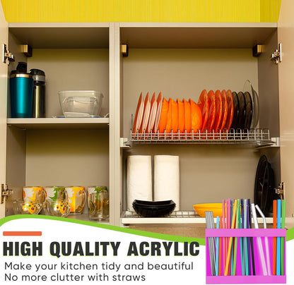 Qinyoung Acrylic Straw Holder for Cabinet Door with Double Sided Adhesive Tape Reusable Straw Organizer Tumbler Storage Kitchen Accessories Container for Counter Cupboard(Classic,Large,Transparent)