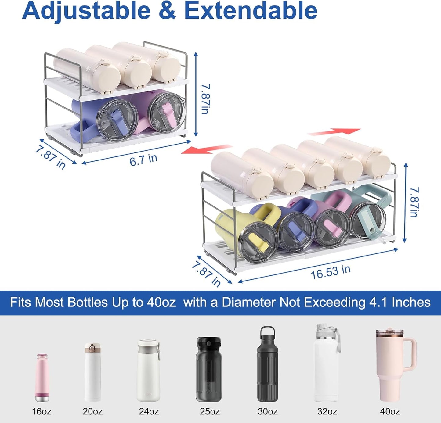 Water Bottle Organizer For Cabinet, Adjustable Tumbler Storage, Expandable 2 Tier Cup Organizer For Kitchen, Water Bottle Shelf Rack Holder For Pantry Countertop Fridge, White