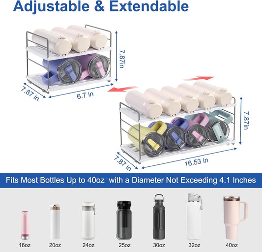 Water Bottle Organizer For Cabinet, Adjustable Tumbler Storage, Expandable 2 Tier Cup Organizer For Kitchen, Water Bottle Shelf Rack Holder For Pantry Countertop Fridge, White