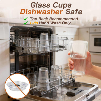 Clear Iced Coffee Cups with Lids - 4 Pack, 20oz Reusable Glass Cups with Lids and Straws, Drinking Tumblers for Cocktail Beer, Juice, Smoothie, Coffee Bar, Housewarming Gifts - Dishwasher Safe