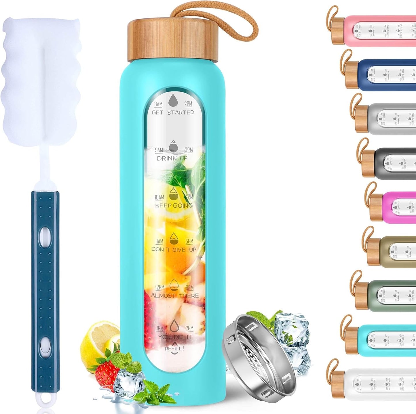 Aqulea Glass Water Bottles 25 Oz with Silicone Sleeve - BPA Free Reusable Wide Mouth Glass Motivational Water Bottles with Fruit Infuser – Leak Proof Borosilicate Water Bottle with Time Marker (White)