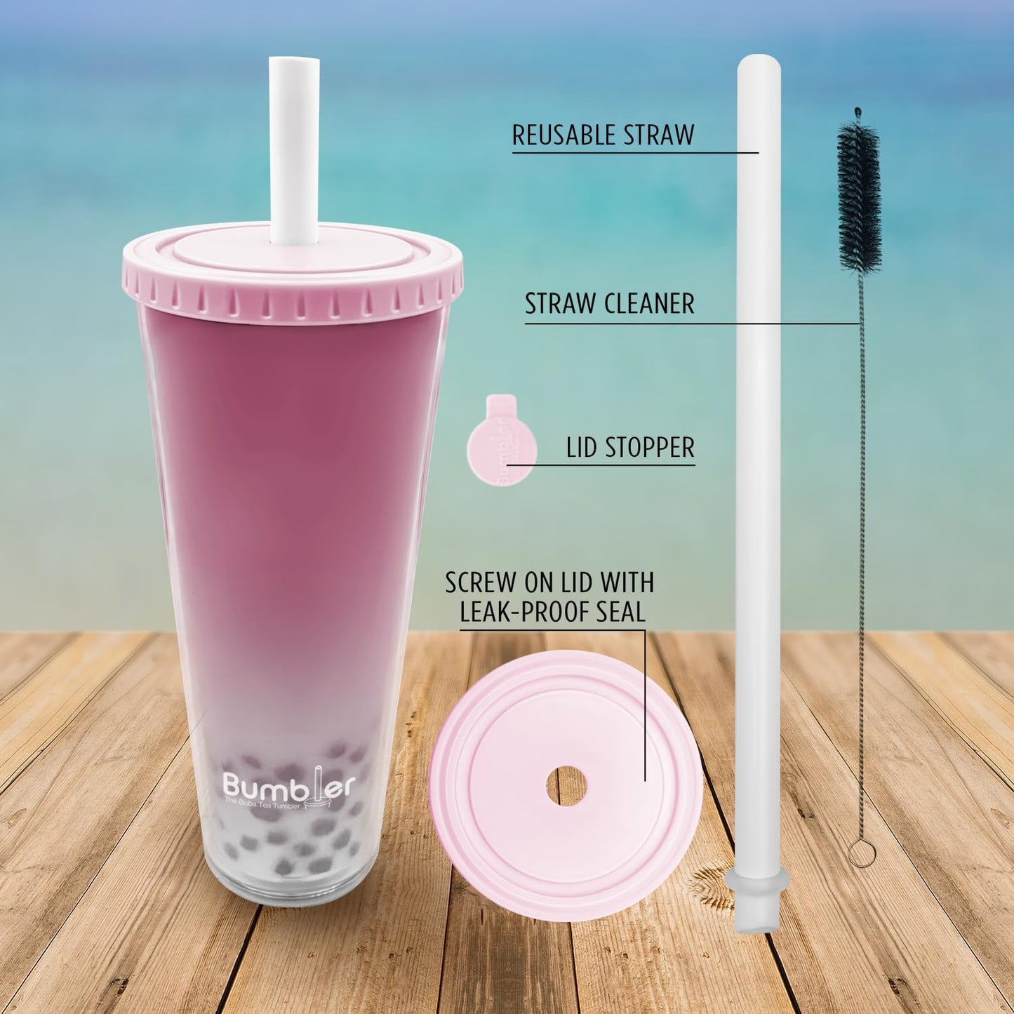 Bumbler Original Boba Tea Cup - 24oz Double-Walled Plastic Reusable Tumbler with Extra Wide Straw & Leak-Proof Lid - BPA-Free Smoothie & Iced Coffee Travel Mug - Blush Pink