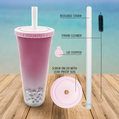 Bumbler Original Boba Tea Cup - 24oz Double-Walled Plastic Reusable Tumbler with Extra Wide Straw & Leak-Proof Lid - BPA-Free Smoothie & Iced Coffee Travel Mug - Blush Pink