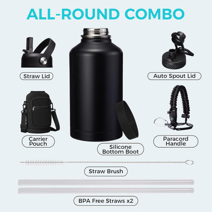32/40/64OZ Insulated Water Bottle - Keep Cold 48H Hot 24H, Combo Straw/Spout Lids, Paracord Handle for Gym/Hiking, Carrier Bag +Strap, Cup Mat, BPA-Free Stainless Steel Flask Jug