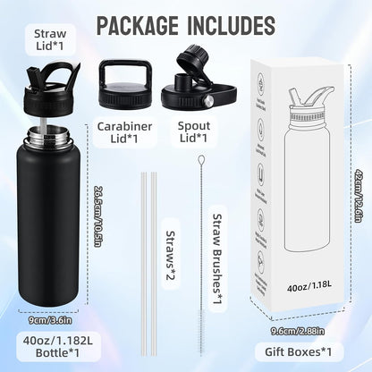 Insulated Water Bottles with Straw 40 oz Leak Proof, Vacuum Insulated Stainless Steel Sport Tumbler with 3 Lids Straw, Spout and Handle Lid for Sports, Gym or Office,Hot Pink