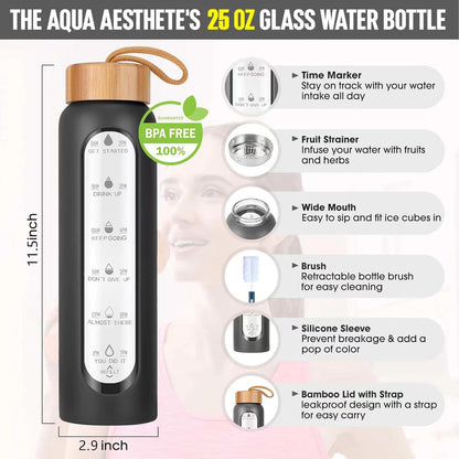 Aqulea Glass Water Bottles 25 Oz with Silicone Sleeve - BPA Free Reusable Wide Mouth Glass Motivational Water Bottles with Fruit Infuser – Leak Proof Borosilicate Water Bottle with Time Marker (White)