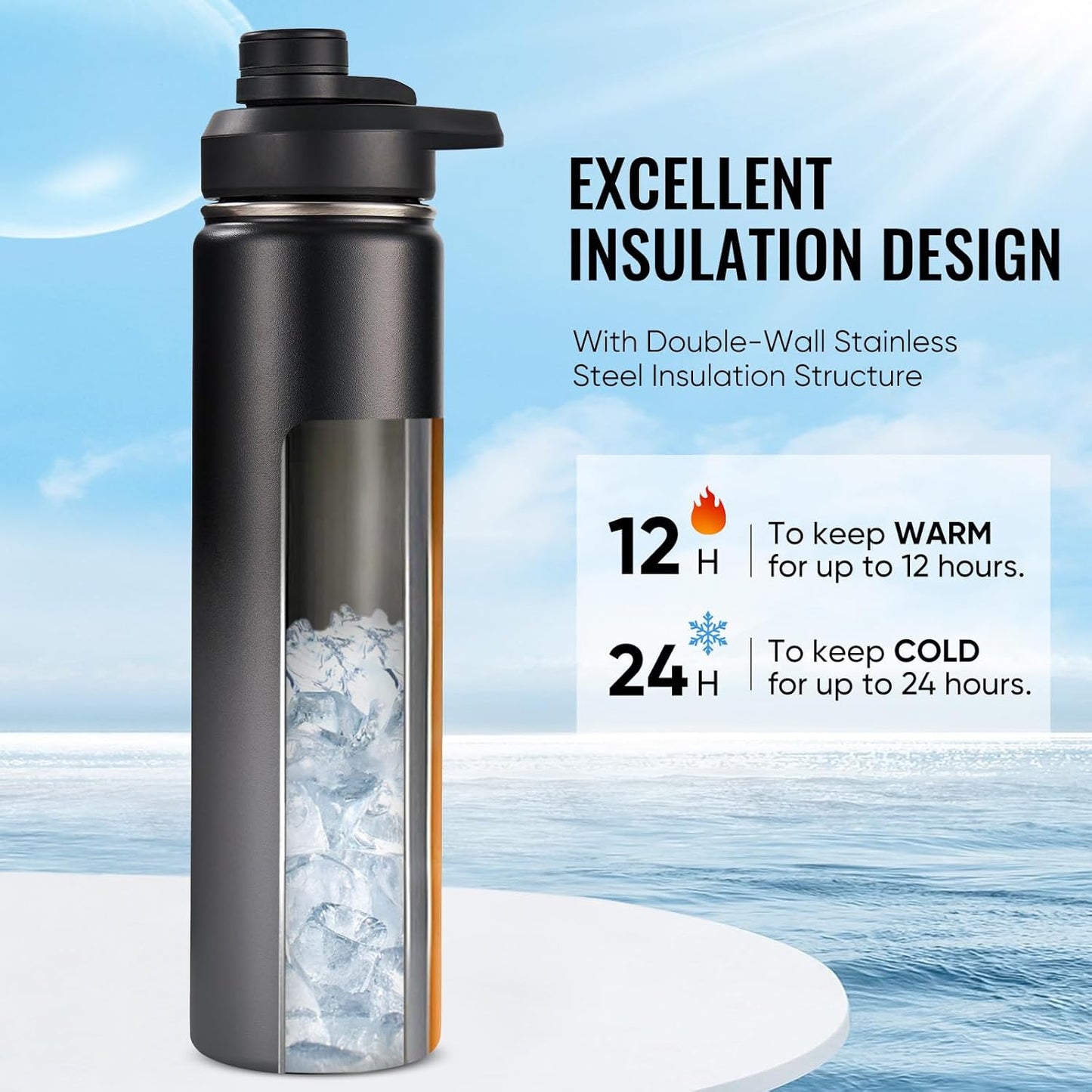 Fijinhom 24 oz Insulated Water Bottle with Handle, 304 Stainless Steel Water Bottles with Wide Mouth, Double Wall Vacuum Sports Water Bottle, BPA Free, Keep Cold and Hot, Black | with Handle