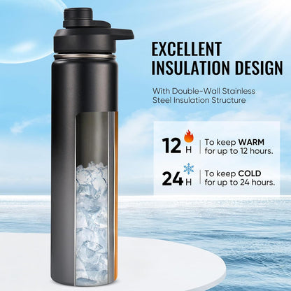 Fijinhom 24 oz Insulated Water Bottle with Handle, 304 Stainless Steel Water Bottles with Wide Mouth, Double Wall Vacuum Sports Water Bottle, BPA Free, Keep Cold and Hot, Black | with Handle
